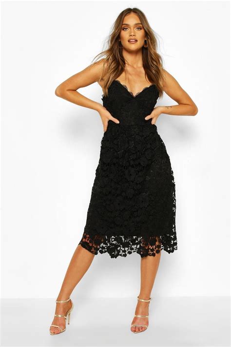 Strappy Crochet Lace Skater Midi Dress Midi Dress Black Midi Dress