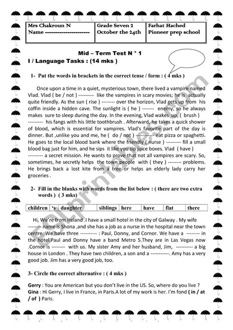 Mid Term Test Esl Worksheet By Nourelhouda