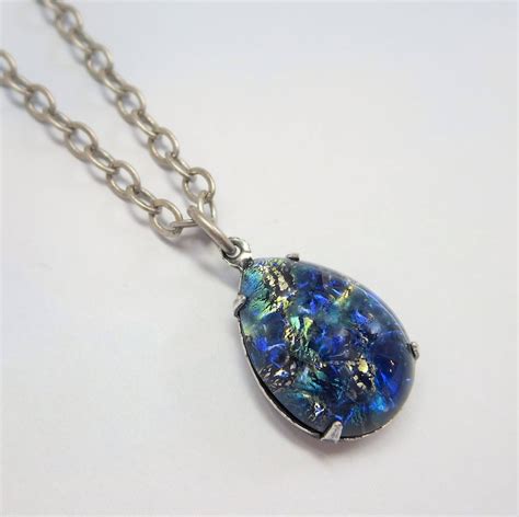 Blue Fire Opal Necklace Pendant Sea Blue Sapphire Blue Glass Etsy