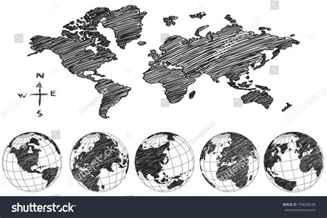 World Map Globe Vector Line Sketch Stock Vector Royalty Free