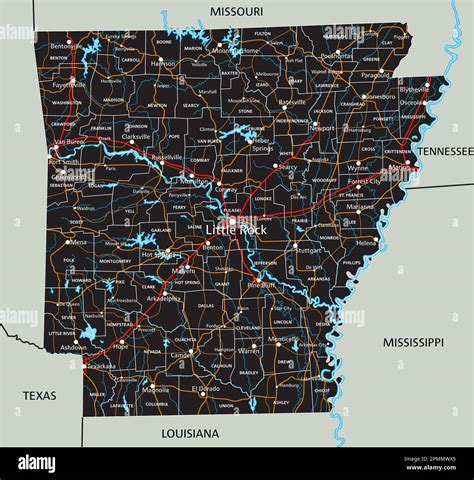 High Detailed Arkansas Road Map With Labeling Stock Vector Image And Art