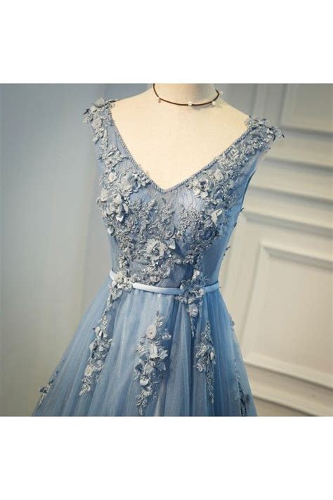 Gorgeous Dusty Blue V Neck Long Lace Prom Dress With Open Back