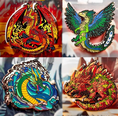 Elemental Dragon Enamel Pins Glow Glitter Fantasy Fire Sky Earth Water ...
