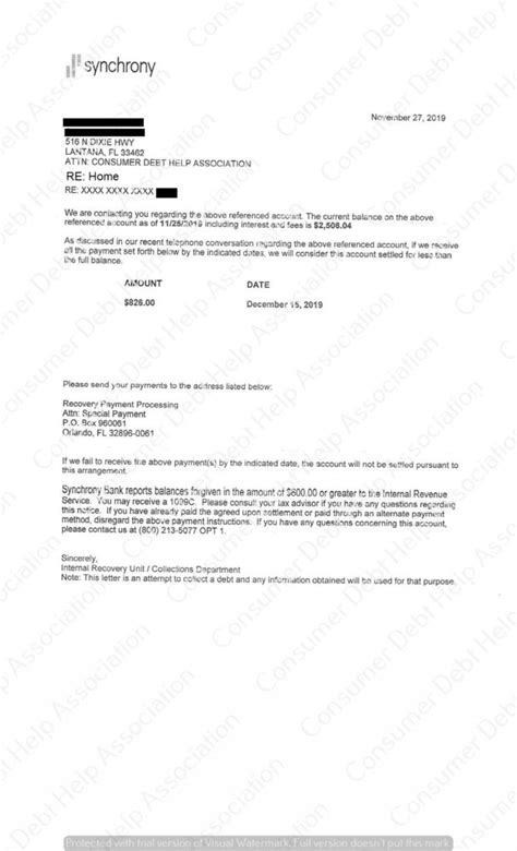 Settlement Letter From Home Synchrony Bank Consumer Debt Help Association