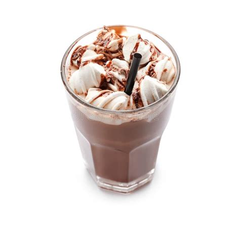 Glass Of Hot Chocolate With Marshmallows On White Background Stock Photo Image Of Beverage