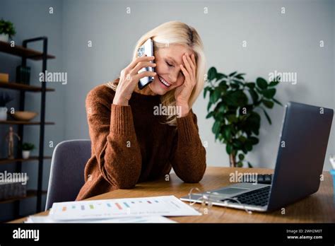Photo Of Good Mood Laughing Blonde Hair Pensioner Woman Touch Forehead Laughing During Pause