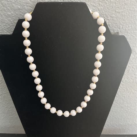 Vintage Monet White Beaded Necklace On Metal Chain Ha Gem