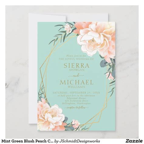 Mint Green Blush Peach Cream Gold Floral Wedding Invitation Floral