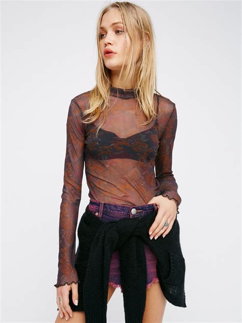 Pukka Mesh Layering Top Printed Sheer Mesh Top Featuring Long Sleeves