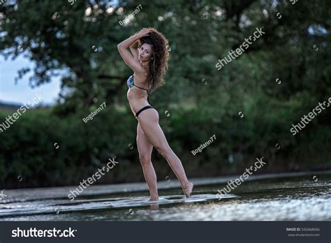 Sexy Brunette Black Swimsuit Posing River Stock Photo Shutterstock