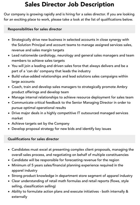 Sales Director Job Description Velvet Jobs