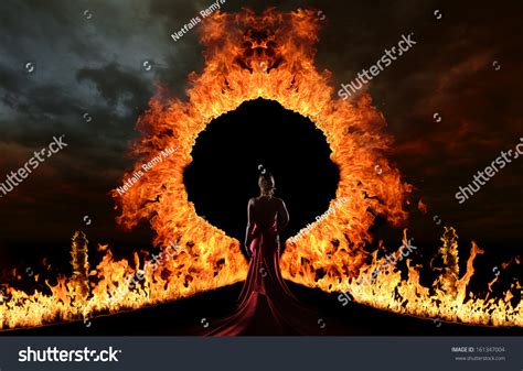 Woman In Red Dress At The Gate Of Hell Stock Photo 161347004 Shutterstock