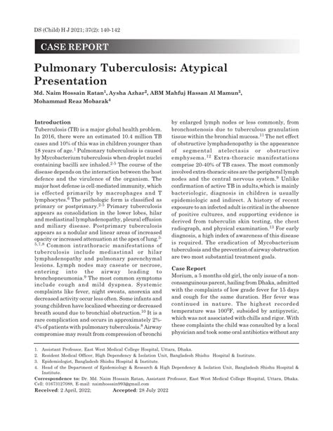 Pdf Pulmonary Tuberculosis Atypical Presentation