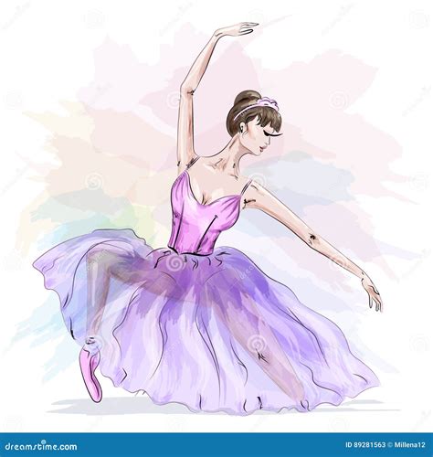 Beautiful Ballerina Girl With Purple Dress Vector Illustration Set