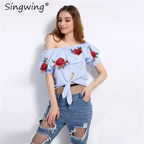 Singwing Embroidery Floral Blue Stripe Blouse Shirts Off The Shoulder