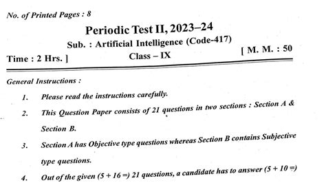 Class 9 Artificial Intelligence Ai Pt 2 Half Yearly Exam Question Paper Cbse Kvs Periodic