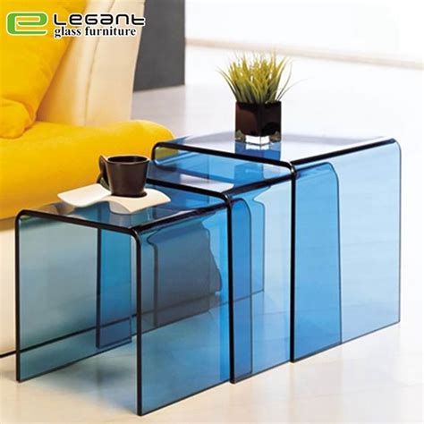 Blue Color Bent Glass Coffee Table Glass Nesting Table China Coffee Table And Glass Coffee Table