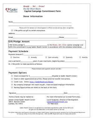 Fillable Online Donor Commitment Form I We Wish To Make A Gift To