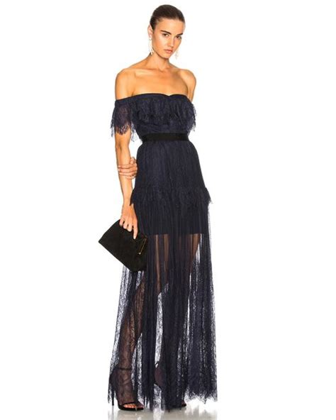 Lyst Self Portrait Off Shoulder Fine Lace Maxi Dress In Blue