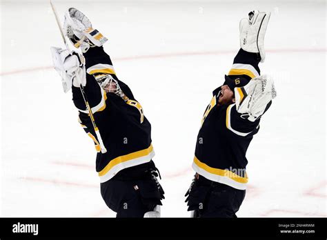 Boston Bruins Linus Ullmark Left And Jeremy Swayman Celebrate After