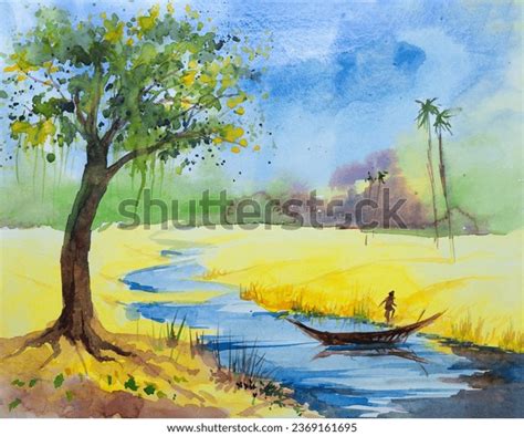 Watercolor Painting Indian Village Big Tree Stock Illustration ...