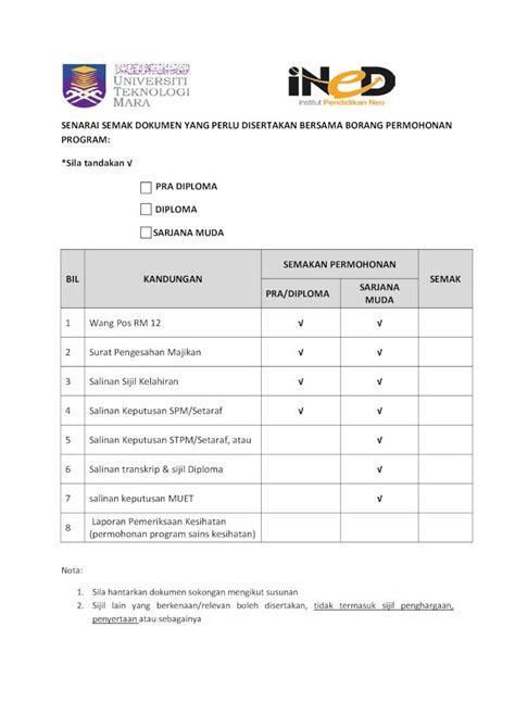 Pdf Senarai Semak Dokumen Yang Perlu Online Uitm Edu My Ined