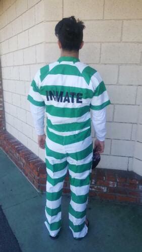 Jail Prison Penitentiary Inmate Jumpsuit Halloween Green And White Stripe Costume Ebay