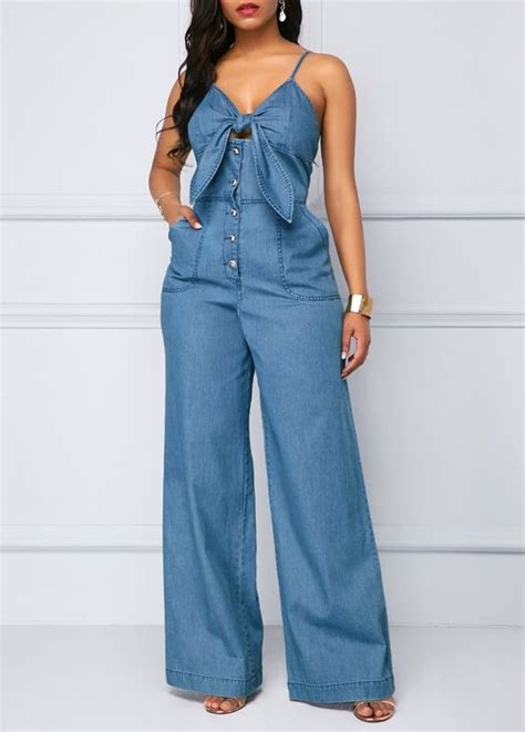 Us 36 60 Tie Front Spaghetti Strap Denim Jumpsuit Denim Jumpsuit