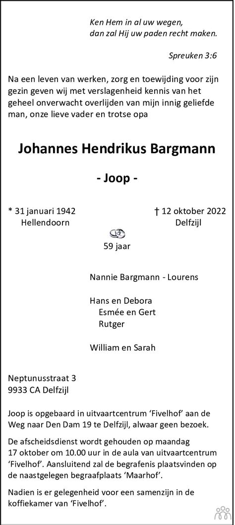 Johannes Hendrikus Joop Bargmann Overlijdensbericht En