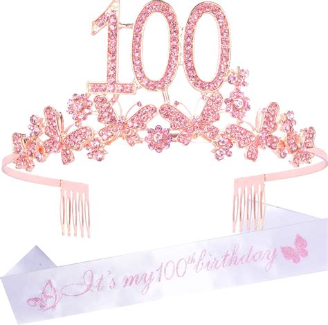 DORADREAMDEKO 100th Birthday Sash Tiara With Butterflies Glitter