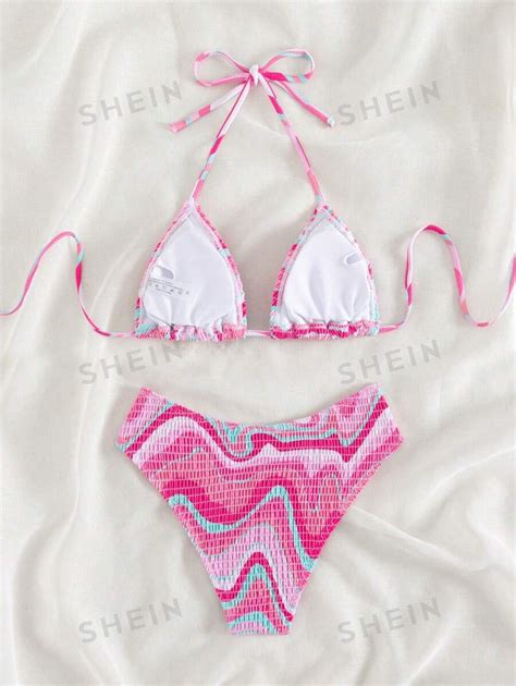 SHEIN Swim Mod Summer Beach Wavy Print Bikini Set Smocked Halter