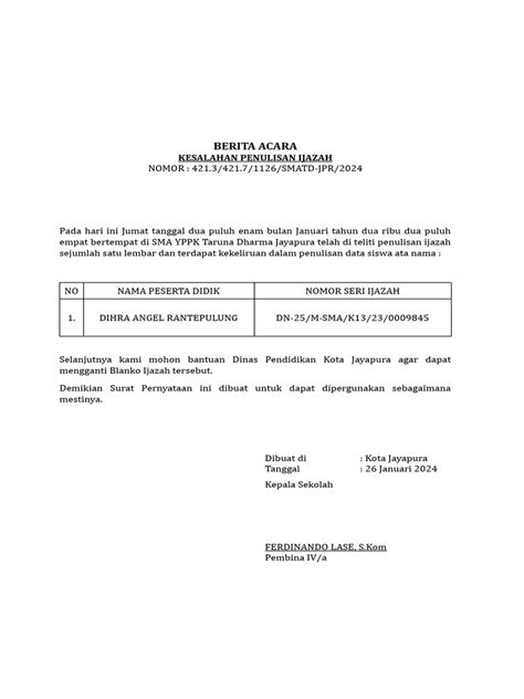 Berita Acara Kesalahan Penulisan Blanko Ijasah Pdf