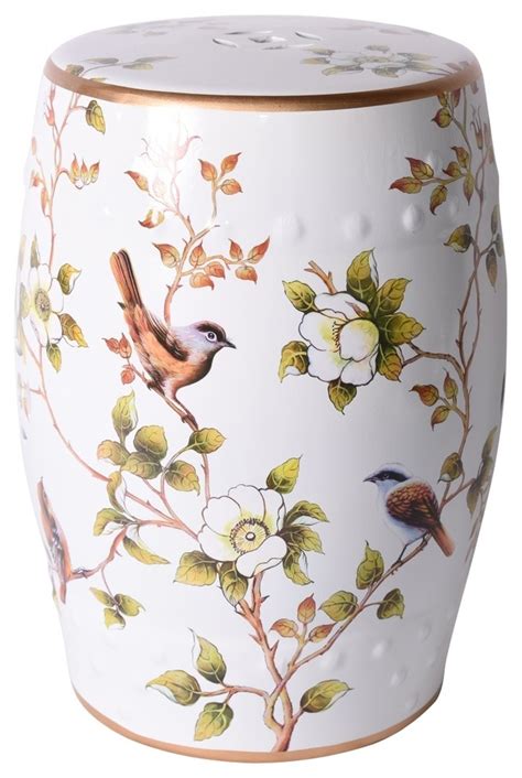 White Garden Stool With Floral And Bird Motif Asian Accent And