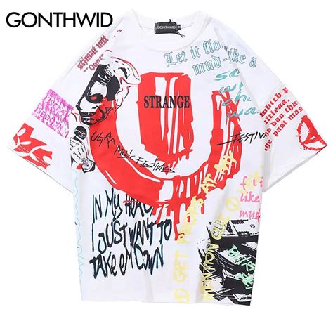 GONTHWID Hip Hop Hipster Graffiti Tshirts Men Casual Short Sleeve