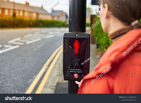 Woman Presses Button Traffic Light Cross Stock Photo 2157464703