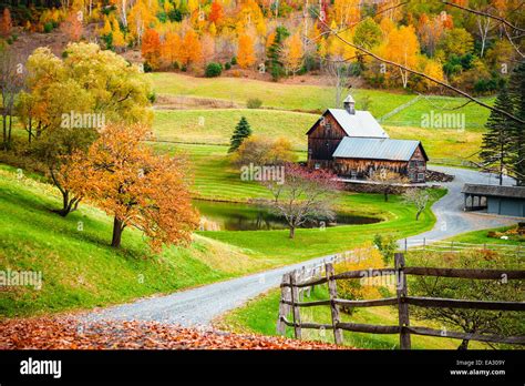 Fall foliage, New England countryside at Woodstock, Vermont, farm in ...