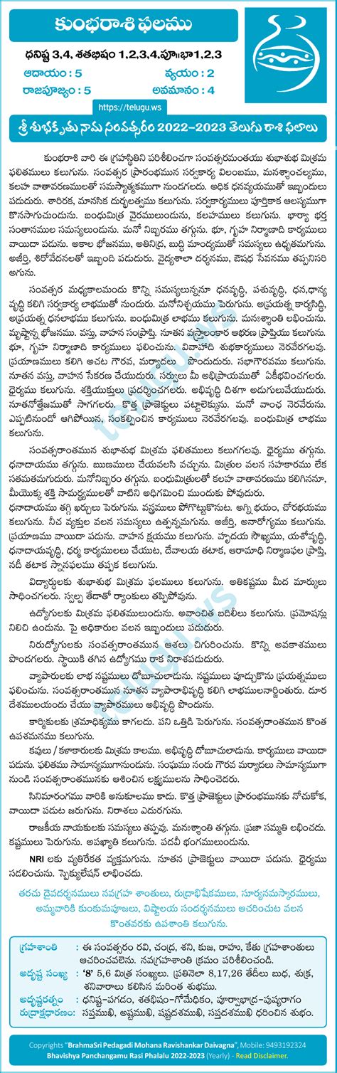 Kumba Aquarius Rasi Phalalu Yearly Predictions In Telugu