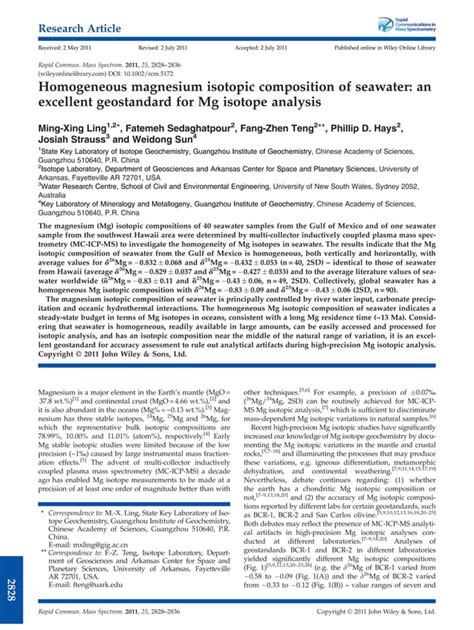 Homogeneous Magnesium Isotopic Composition Of Seawater An Excellent