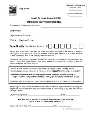 Fillable Online Health Savings Account Hsa Employee Contribution Form