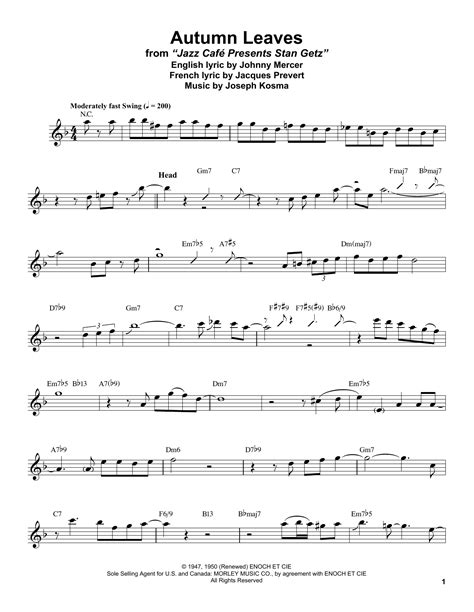 Autumn Leaves By Stan Getz Sheet Music For Tenor Sax Transcription At Sheet Music Direct