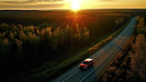 Premium Photo | Red new car nature forest road sunrise landscape ...