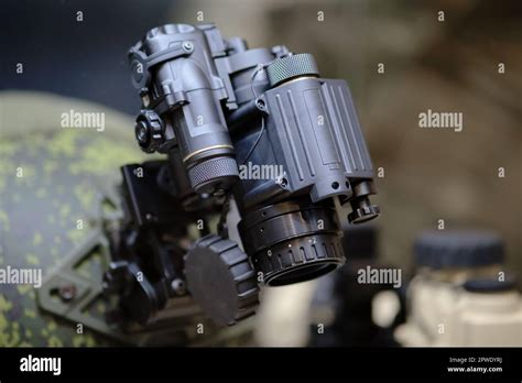 Army Binoculars With Night Vision On A Soldiers Helmet Optical Device
