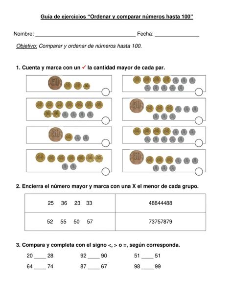Guía Comparar y ordenar números hasta 100 2 año profe social