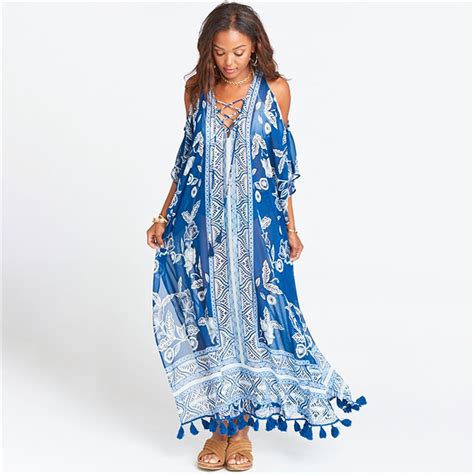 DN Off Shoulder Tassel Bikini Cover Ups Swimsuit Oversize Chiffon Beach Dress Saida De Praia