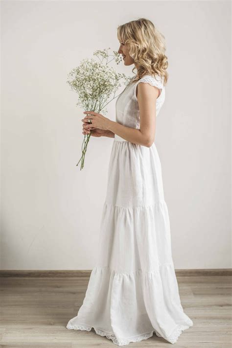 Linen Boho Lace Wedding Dress Handcrafted World Wide Shipping Cozyblue