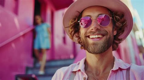 Premium Photo Man Wearing Pink Hat And Glasses Holding Cell Phone