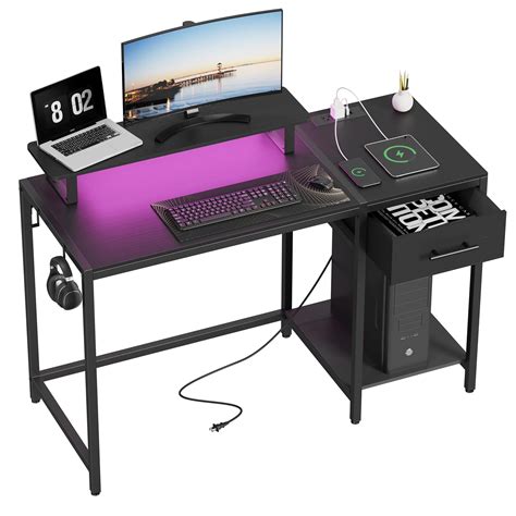 Lkeiyay Black Computer Gaming Desk with Led Lights and Power Outlets,47 ...