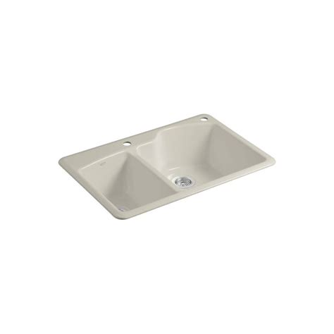 Kohler Wheatland Drop In Cast Iron 33 In 2 Hole Double Bowl Kitchen Sink In Sandbar K 5870 2 G9