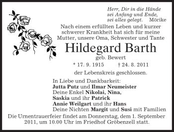 Traueranzeigen Von Hildegard Barth Trauer Merkur De