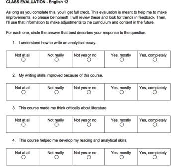 Class Evaluation For English End Of Year Course Eval For Students